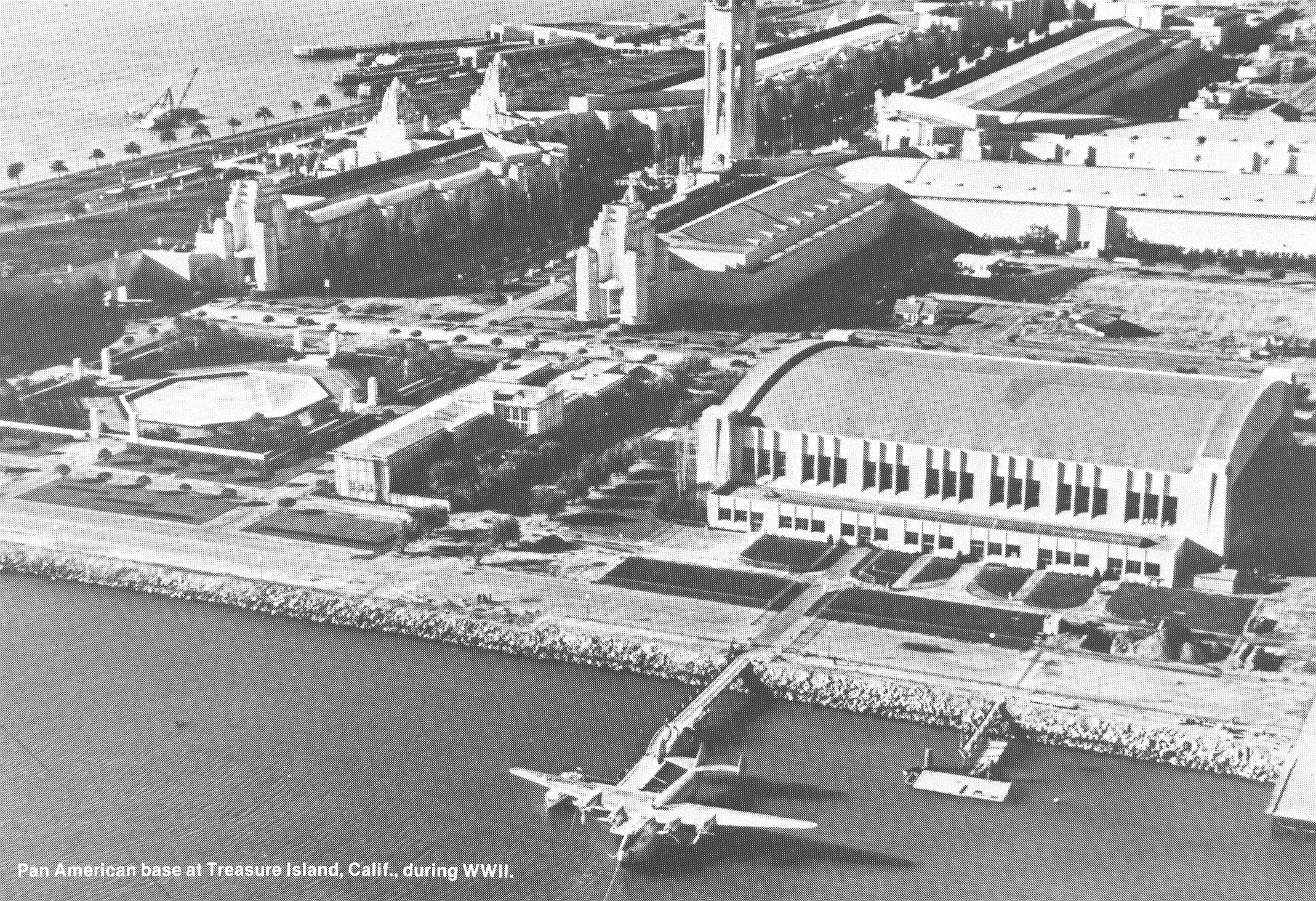 1940s Treasure Island base San Franciswco with Boeing B314 moored.  Treasure Island was one of 3 large flying boat bases along with the Marine Air Terminal in New York and Dinner Key in Miami.